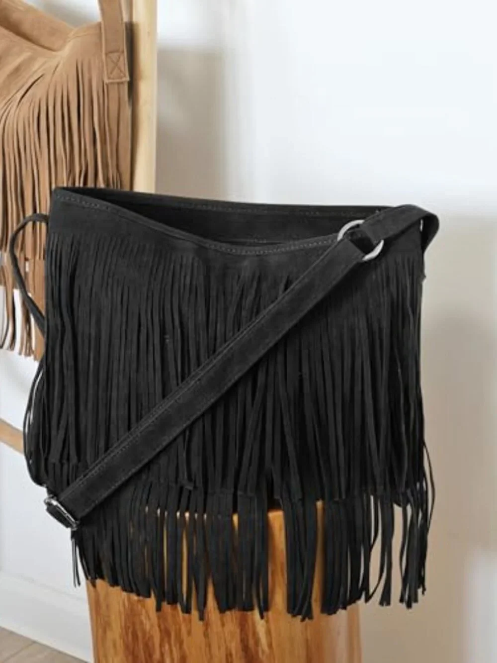 Faux Suede Leather Fringe Hobo Crossbody Shoulder Bag